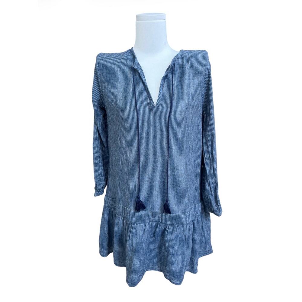 Rails Mini Dress Lydia Salem Stripe Blue Linen Rayon Drop Waist Tasseled Sz XS